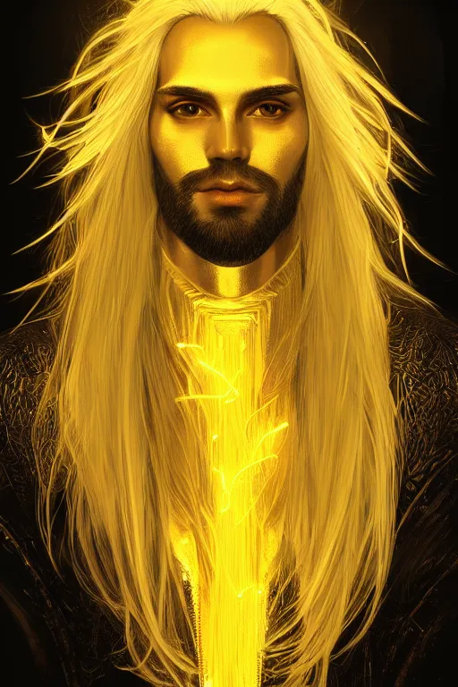 Image similar to Portrait of male mage with long white hair, yellow face, photorealistic, highly detailed, artstation, smooth, sharp focus, gold ornaments, neon lighting, sci-fi, art by Klimt