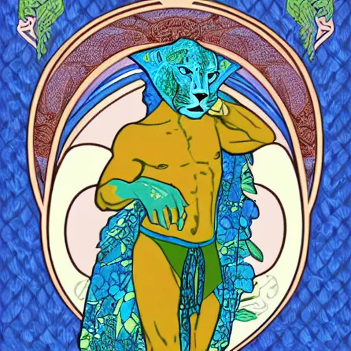 Prompt: god of nature, blue panther, in a style of mucha