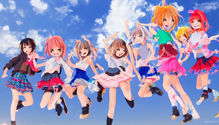 Image similar to group of cute anime characters jumping, colorful outfits, short miniskirts, lightly dressed, ultra detailed digital art, hyper real, detailed, group photo, ultra detailed, ground up angle