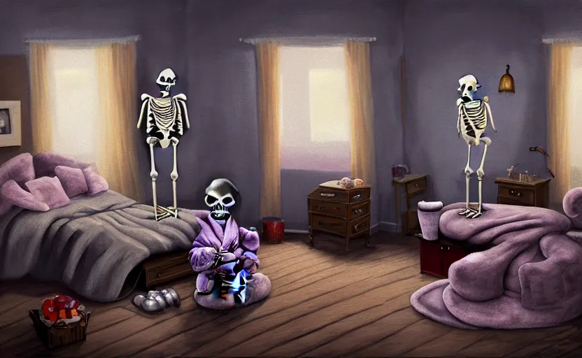 Prompt: matte oil painting of a clothed skeleton dressed in pajama robes and nightcaps and slippers inside of a dim bedroom that is full of furniture and toys, by tim jacobus, sleepy, cozy, warm