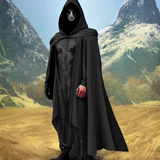 Image similar to a realistic full body of Konnor, a dragonblood, a black hood with black robes, extremely realistic and detailed, standing in front of a mountain