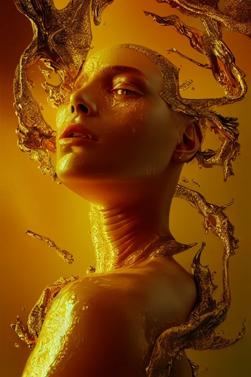 Prompt: 3 d, close - up, fashion model, liquid gold, morning, sun rays, vogue cover style, poster art, hyper detail, intricate oil painting, multiple exposure, hell mood, 3 d, by tooth wu and wlop and beeple and greg rutkowski