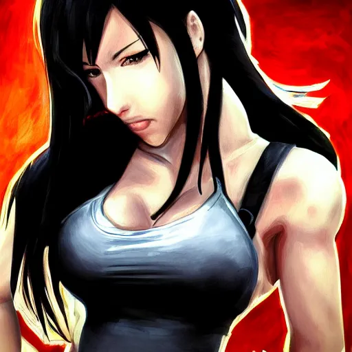 Image similar to high quality portrait of tifa lockhart, detailed background, trending on artstartion