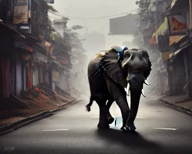 Image similar to An elephant walking down a street in Guwahati city. By Greg Rutkowski, trending on ArtStattion