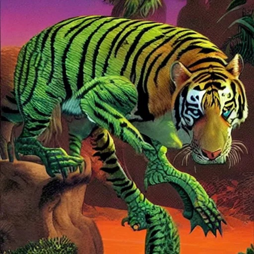 Image similar to a hybrid animal that is half alligator and half tiger in a futuristic city scape on the edge of the jungle, rule of thirds, painting style of jean giraud and moebius and don lawrence and alex ross