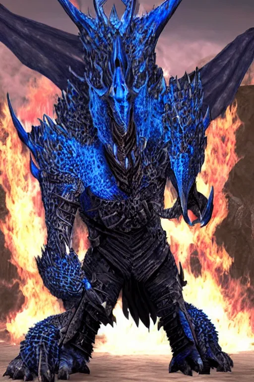 Image similar to a dark blue dragonborn with large tusks, half of his face flaming with blue flame, he wears a black dragon scales armor