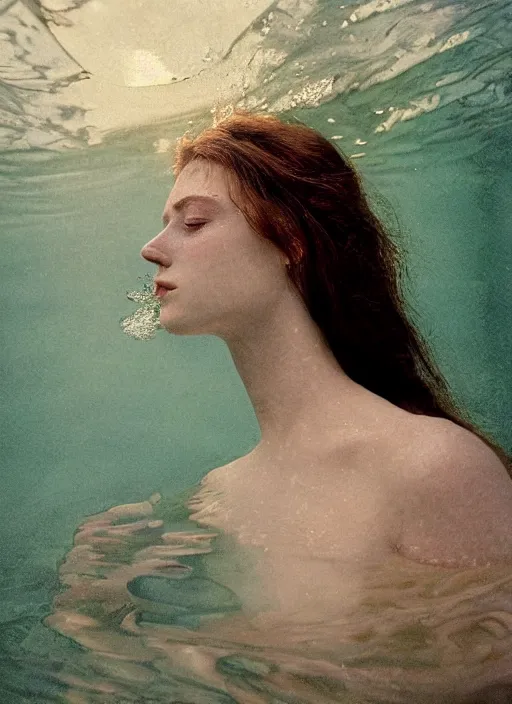 Image similar to Kodak Portra 400, 8K, soft light, volumetric lighting, highly detailed, britt marling style 3/4 , portrait photography portrait photography of a beautiful woman how pre-Raphaelites by Giovanni Gastel, photo portrait of a beautiful woman with her eyes closed,inspired by Ophelia Millais Paint , the face emerges from water of Pamukkale, underwater face, anatomical real full body dressed ethereal lace dress floating in water surface , the hair are intricate with highly detailed realistic beautiful brunches and flowers like crown, Realistic, Refined, Highly Detailed, outdoor soft pastel lighting colors scheme, outdoor fine art photography, Hyper realistic, photo realistic