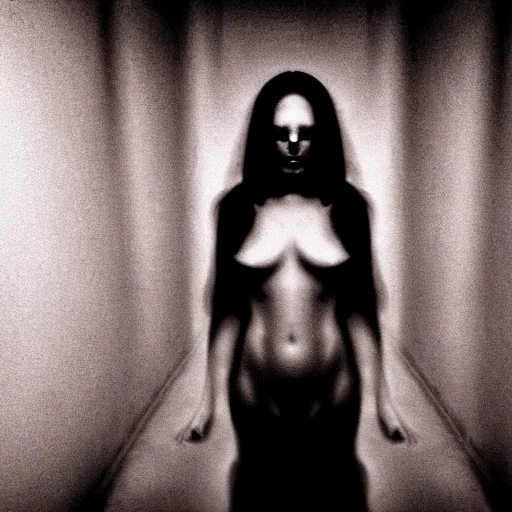 Image similar to a woman whos body is static losing frequency phasing out, dark eerie photo taken by digital hollywood