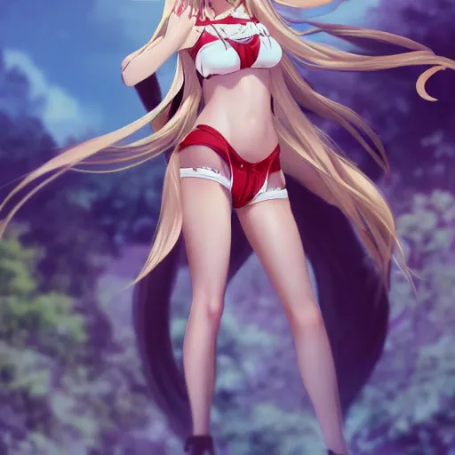 Image similar to a very beautiful mature yuuki asuna, full body, long wavy blond hair, sky blue eyes, full round face, bikini, miniskirt, front view, mid - shot, cute pose, highly detailed, cinematic wallpaper by stanley artgerm lau