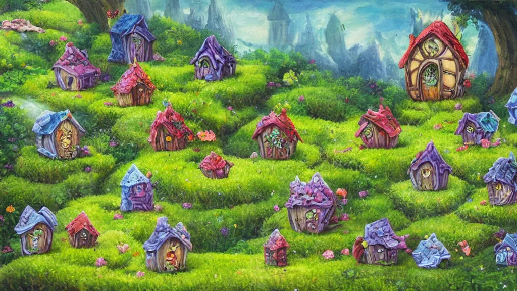 Prompt: tiny fairy houses in a price of broccoli in someone's garden, highly detailed oil painting, epic fantasy art, abstraction, masterpeice, 8k