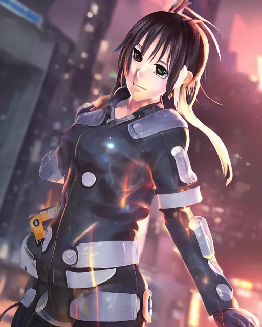 Prompt: full body portrait of anime girl in mechanic armor in night tokyo screenshot of anime by makoto sinkai, perfect face, fine details