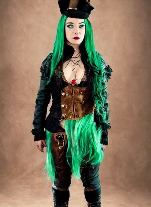 Prompt: a girl with green hair wearing steampunk clothes