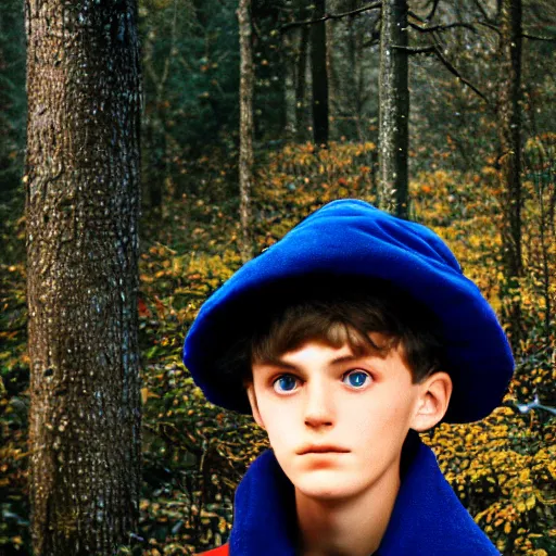 Prompt: super close up portrait of wirt from over the garden wall. a 1 6 years old gloomy awkward boy with big brown eyes and shaggy brown hair wearing a red dunce hat and a blue navy cape, standing in the forest, kodachrome photograph, 1 9 9 5, 4 k, canon, flash photography, norman rockwell, bouguereau