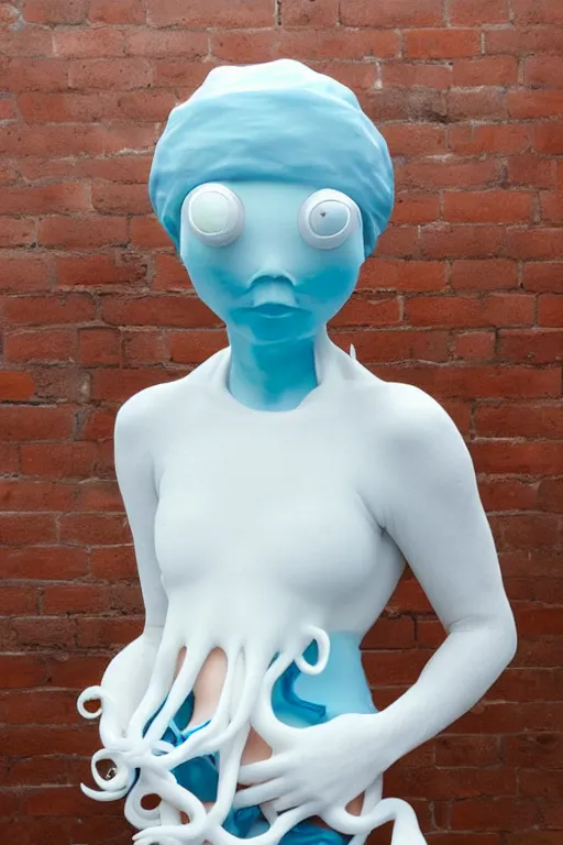 Prompt: full head and shoulders, beautiful porcelain female person, smooth, delicate facial features, big detailed eyes, white lashes, wearing a pale blue swimming cap and pale pink swimming costume, 3 d white large octopus tentacles by daniel arsham and james jean