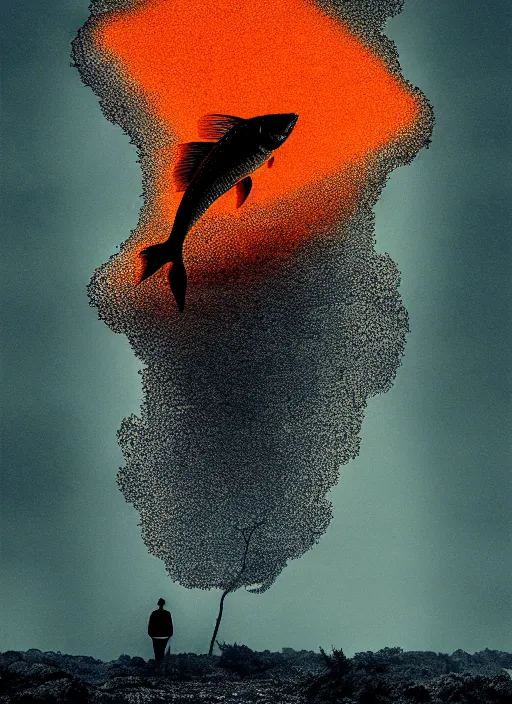 Image similar to burning overgrowth + a lone man + fish flying in the sky + habitat 67, Mads Berg, Karolis Strautniekas, film noir, stippled light, dramatic lighting,editorial illustration, detailed,fine texture, matte print, dark blue + dark orange, red, black