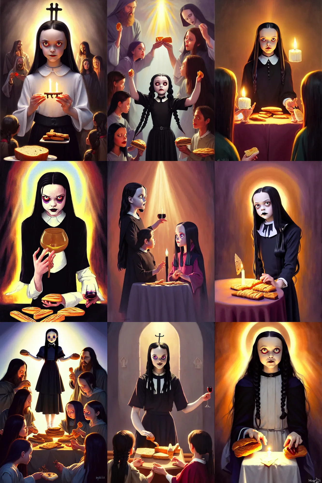 Prompt: wednesday addams from the addams family as jesus sharing bread and wine with the local community, joyful, holy rays of spiritual light, goth, pixar style, satanic ritual, shaded lighting poster by magali villeneuve, artgerm, jeremy lipkin and michael garmash, rob rey and kentaro miura style, trending on art station