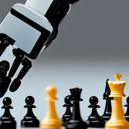 Image similar to a photo, an aggressive robot hand grabbing a human hand over a chess board