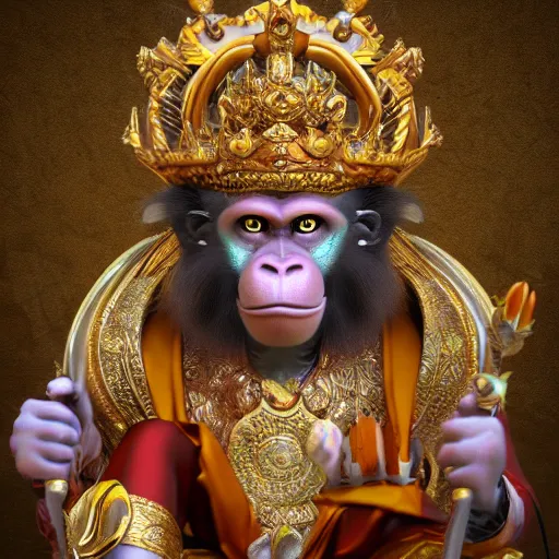 Image similar to monkey king godly lord of monkeys, wearing a crown, holding a staff, sitting in throne 8 k render high detail