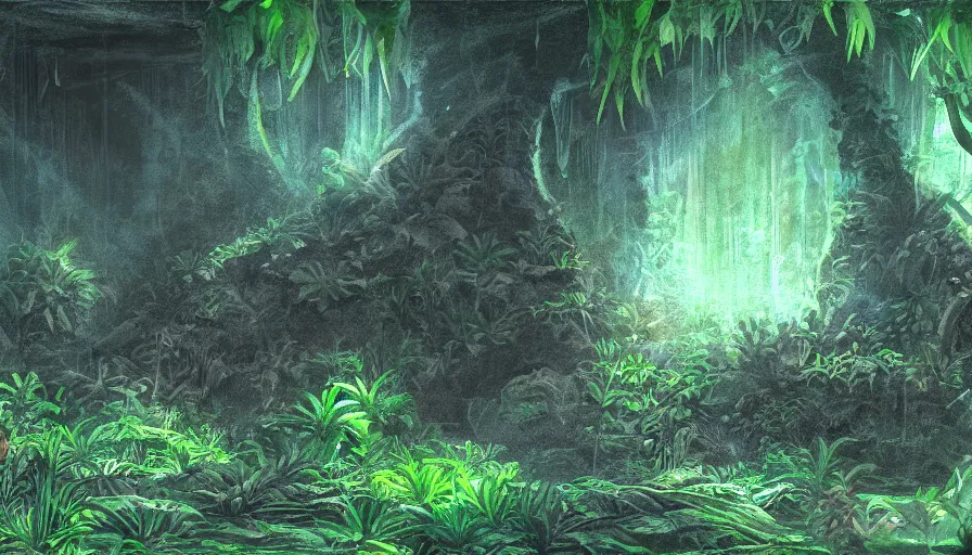 Image similar to concept art sketch of underground jungle cave with luminescent plants