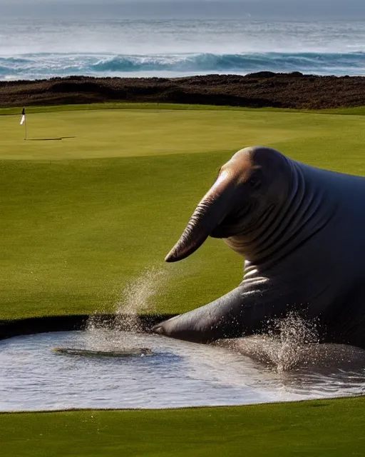 Prompt: A large adult male Elephant seal rearing up, blocking a golfer from the hole on a golf course green, photographed in the style of National Geographic photographer Paul Nicklen, Hyperreal