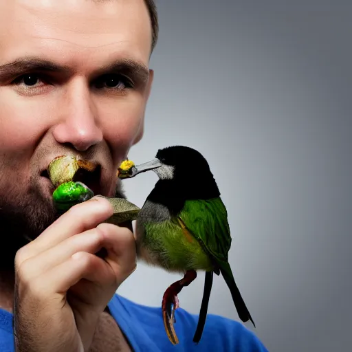 Prompt: photo of man with bird in his mouth