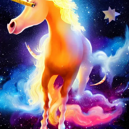 Image similar to unicorn on fire in space