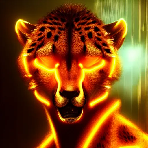 Image similar to a beautiful commission of a male anthropomorphic cheetah wearing a neon jacket,futuristic,detailed face,character design by charles bowater,mohawk,cyberpunk style,deviantart,artstation,art by greg rutkowski,ross tran,professional lighting,neon city,night,raytracing,rtx,highly realistic,4k,dramatic,hyperrealism