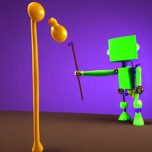 Image similar to a photorealistic 3 d render made in blender of a colourful friendly robot being poked by a man with a stick. background is a purple gradient