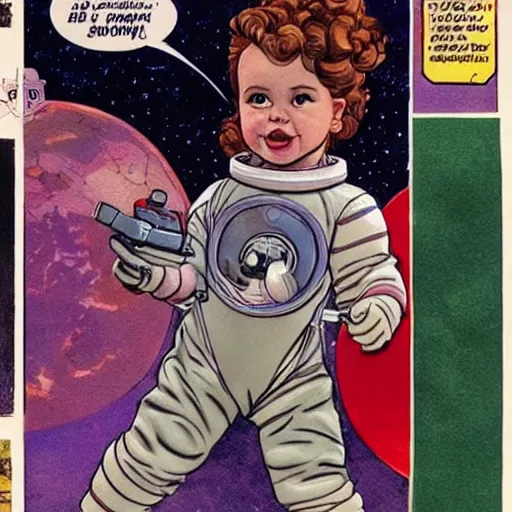 Image similar to a cute little girl with a mischievous face and short brown wavy curly hair. she is dressed as an astronaut. well composed, clean elegant painting, beautiful detailed face. comic book art by steve ditko and jack kirby and ( greg rutkowski )