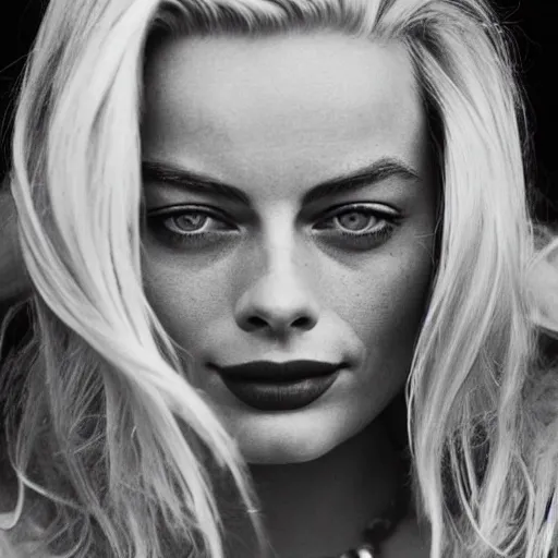 Prompt: photo of margot robbie, full platinum blond, bleached eyebrows, pale skin, freckle, by vivian maier, realistic, high detail, high quality, trending on pinteresst