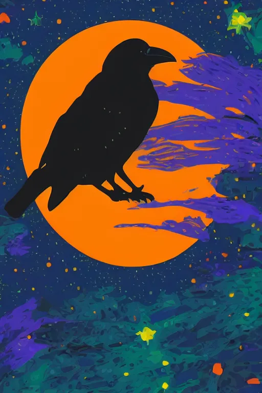 Prompt: close up portrait of a crow in front of the full big moon, colorful vector graphic, .eps, .ai, Adobe Illustrator, clear lines and clear shapes, intricate, 8k highly professionally detailed, HDR, CGsociety