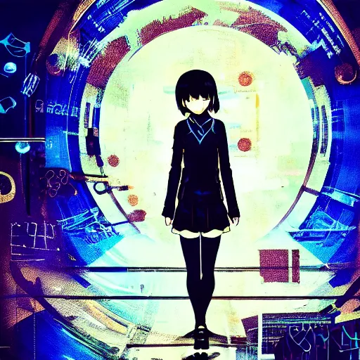 Image similar to Frequency indie album cover, luxury advertisement, blue filter, blue and black colors. Clean and detailed post-cyberpunk sci-fi close-up schoolgirl in asian city in style of cytus and deemo, blue flame, relaxing, calm and mysterious vibes, by Tsutomu Nihei, by Yoshitoshi ABe, by Ilya Kuvshinov, by Greg Tocchini, nier:automata, set in half-life 2, GITS, Blade Runner, Neotokyo Source, Syndicate(2012), dynamic composition, beautiful with eerie vibes, very inspirational, very stylish, with gradients, surrealistic, dystopia, postapocalyptic vibes, depth of field, mist, rich cinematic atmosphere, perfect digital art, mystical journey in strange world, beautiful dramatic dark moody tones and studio lighting, shadows, bastion game, arthouse