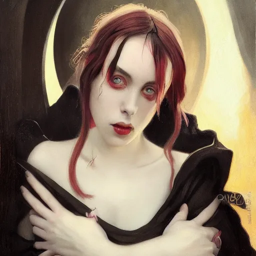 Image similar to Billie Eilish as a demon succubus, oil on canvas, noir effect, artstation, by J. C. Leyendecker and Edmund Blair Leighton and Charlie Bowater,--width 1600