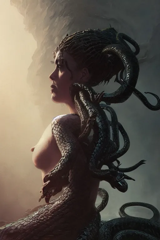 Image similar to A portrait of a monstrous women with snakes by Greg Rutkowski, Sung Choi, Mitchell Mohrhauser, Maciej Kuciara, Johnson Ting, Maxim Verehin, Peter Konig, Bloodborne, 8k photorealistic, cinematic lighting, HD, high details, dramatic, dark atmosphere, trending on artstation