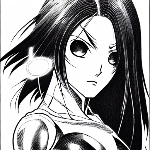 Image similar to alita by yukito kishiro. medium shot. black and white manga. pencil drawing.