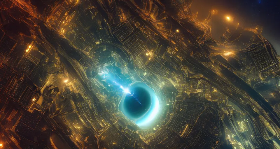 Image similar to a beautiful photograph of space city in orbit black hole, rectilinear, barometric projection, dutch angle from space view, concept art, high detail, intimidating, deep rich colors, iridescent radiance, epic scale ultrawide angle, stunning, epic, cinematic, Artstation trending, octane render, hyperrealistic, Cryengine 8k UHD