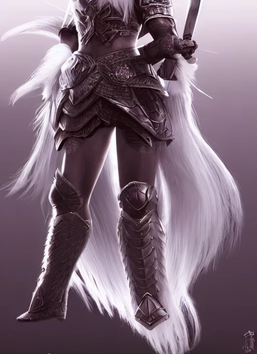 Image similar to warrior, fur leather armor!!! beautiful and elegant white hair female!! gorgeous ayes!! character concept art, sharp focus, octane render! unreal engine 5! highly rendered!! trending on artstation!! detailed linework!! illustration by artgerm, wlop, and chie yoshii