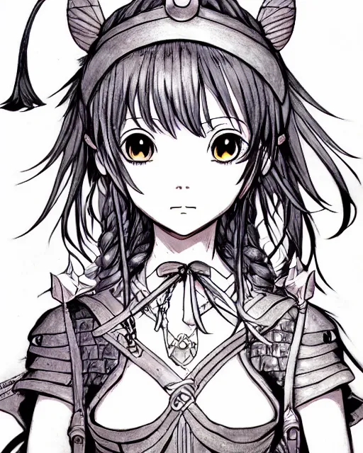 Image similar to cel - shaded anime character, beautiful fantasy warrior girl in the style of studio ghibli, moebius, ayami kojima, atelier lulua, clean linework