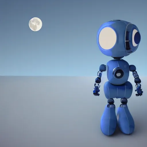 Image similar to blue godot robot ponders looking up at the moon, thinking, vray