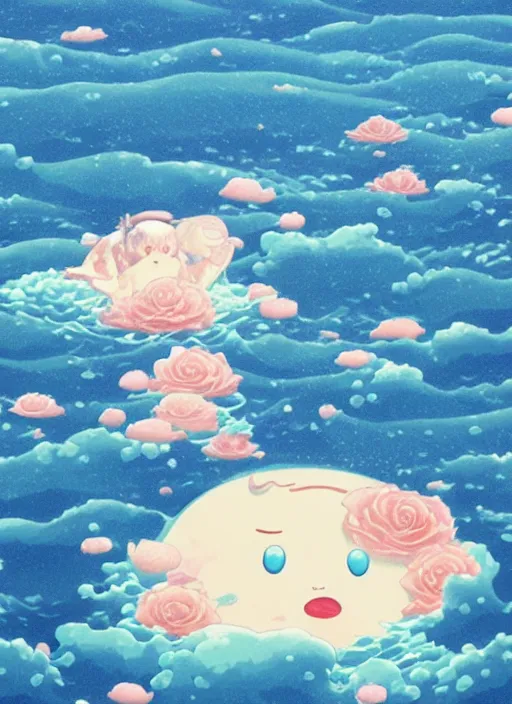 Prompt: On the surface of the sea in the moonlight, there were some roses floating on the surface of the sea，by Chiho Aoshima