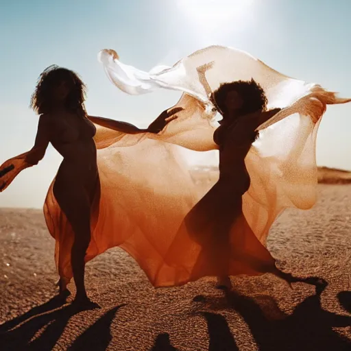 Prompt: filmstill photography of two female body sulhouettes covered with curly white translucent blanket blowing in wind, acrylic liquid colors, luxurious supermodel photoshooting, golden jewelry, bokeh, godrays, strong wind, wrinkles, sunrays, sunset, lens flares, cold colors, sand dunes