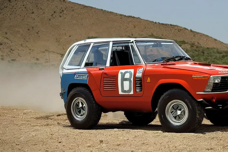 Image similar to designed by giorgetto giugiaro a single 1 9 6 7 dakar prepped land cruiser testarossa, race footage, speed