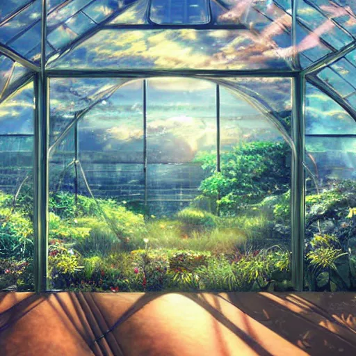 Image similar to a heavenly dream view from the interior of my cozy giant futuristic greenhouse tower dream world filled with color from a Makoto Shinkai oil on canvas inspired pixiv dreamy scenery art majestic fantasy scenery fantasy pixiv scenery art inspired by magical fantasy exterior illumination of awe and wonder