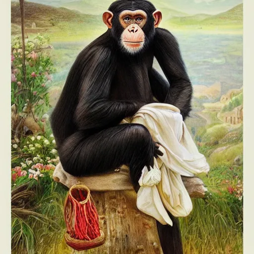 Image similar to beautiful painting by sophie anderson of a chimpanzee wearing traditional men kurdish clothes baggy pants and white shirt with a large sash tied around the waist in a kurdish village, award winning art, insanely detailed, bright colors, global illumination, cute, young, stunning