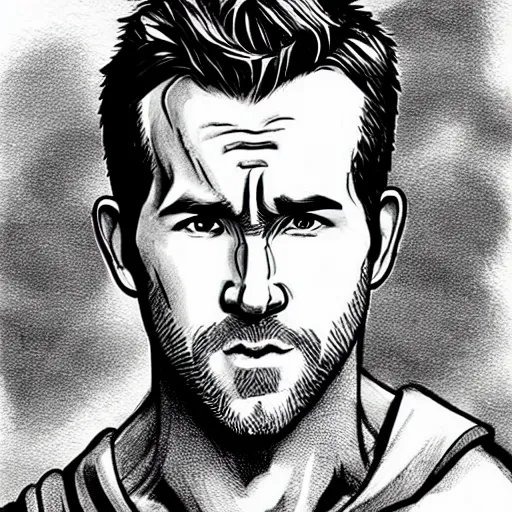 Prompt: Ryan Reynolds, artstation, concept art, sharp focus, illustration in pen an ink, by  Kentaro Miura