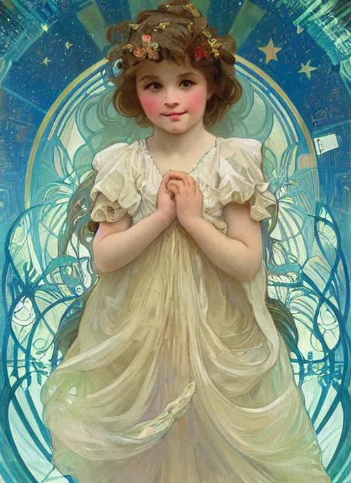 Image similar to a cute little girl with a round cherubic face, blue eyes, and short wavy light brown hair smiles as she floats in space with stars all around her. she is wearing a turquoise dress. beautiful painting by alphonse mucha and artgerm and greg rutkowski