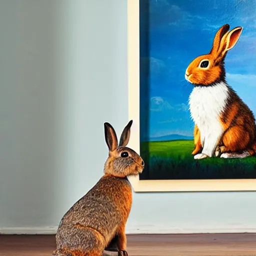 Image similar to a rabbit posing proudly next to a painting of a human