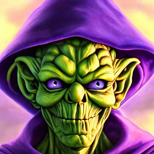 Image similar to ultra realistic portrait painting of skeletor as yoda, art by akira toriyama, 4 k, dragon ball artstyle, cel shaded, highly detailed, epic lighting