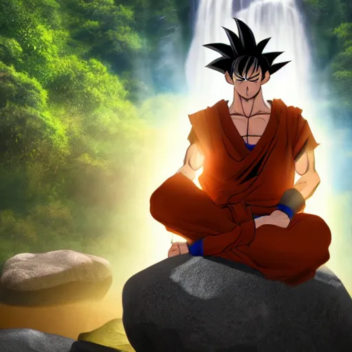 Prompt: photorealistic fantasy concept art of Goku meditating on a rock near a waterfall in front of the sunset, dynamic lighting, cinematic