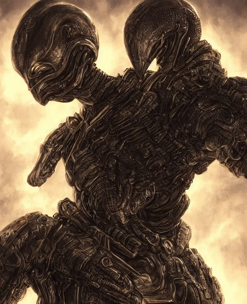 Image similar to a hero portrait of an alien creature with highly detailed features wearing heavy armor, dramatic rim lighting